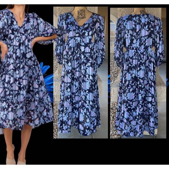 Pinkblush Navy Floral V-Neck Shimmer Midi Dress Size L - Picture 1 of 12